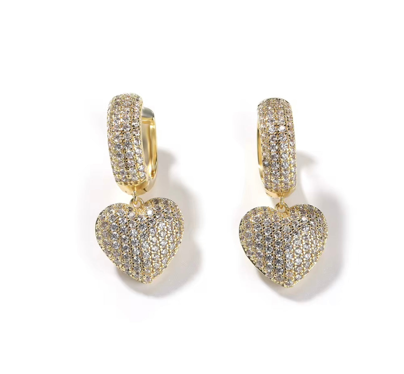 HEART DROP- 14 mm Iced out dangling heart earrings