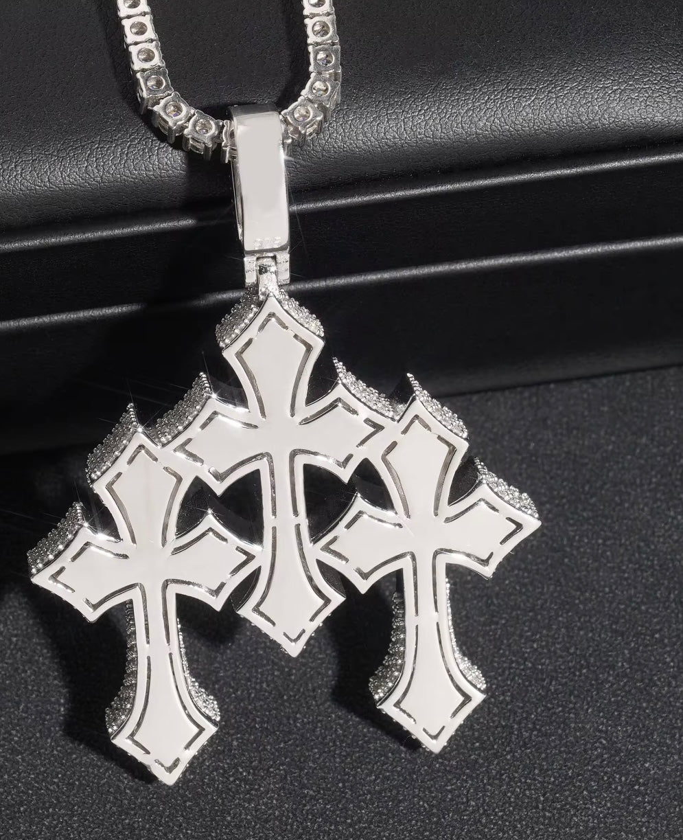 MOIS TRIO-  70.5 mm Moissanite three cluster cross pendant