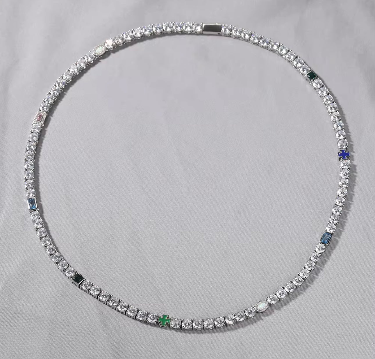 OPAL NECK CANDY- 5 mm Opal/cross tennis chain